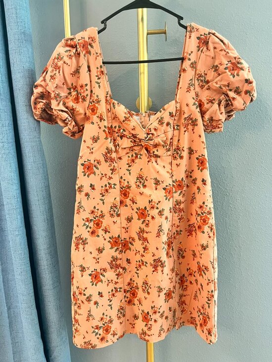Trixxi Dresses & Skirts - Trixxi Cottagecore Peach Floral Sweetheart Knot Puff Sleeve Mini Dress Women XL